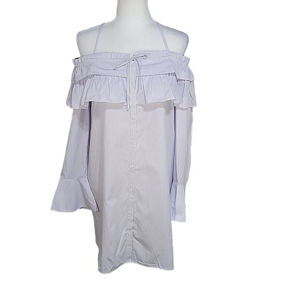 Rebecca Minkoff Pallas Dress Off The Shoulder Pinstriped Womens Medium NWT - Picture 1 of 13